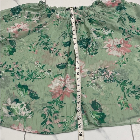 Zara Floral Sheer Blouse in Mint Green & Pink Ruffle Collar with Tie Flowy Fit - Picture 14 of 16